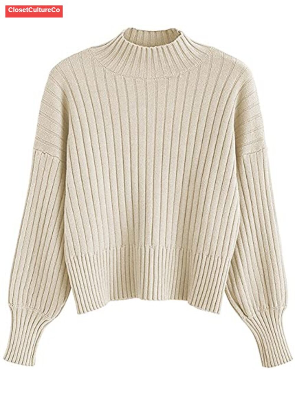 Cotton Blend Cropped Sweater Mock Neck Ribbed Knit Pullover
